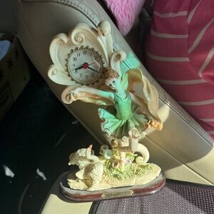 10” Vintage 1990s Ballerina Fairy Clock Figurine - Green and Cream